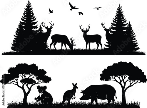 Wild animals in forest and savanna silhouette set, deer under pine trees, kangaroo koala and pig under acacia, nature vector