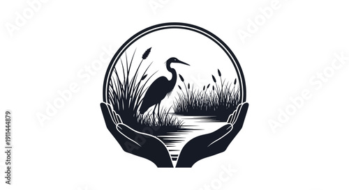 Stylized black and white illustration of a heron in a natural wetland environment, held within cupped hands, symbolizing nature conservation and environmental protection.