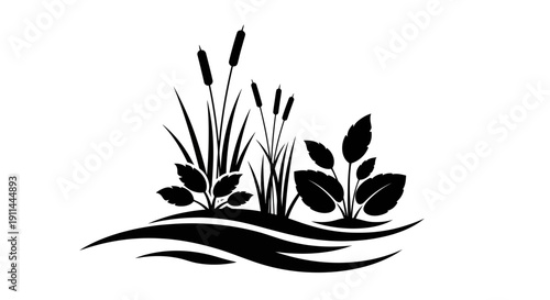 Black silhouette of cattails and other aquatic plants growing in water, isolated on a white background, representing a natural pond or wetland environment.
