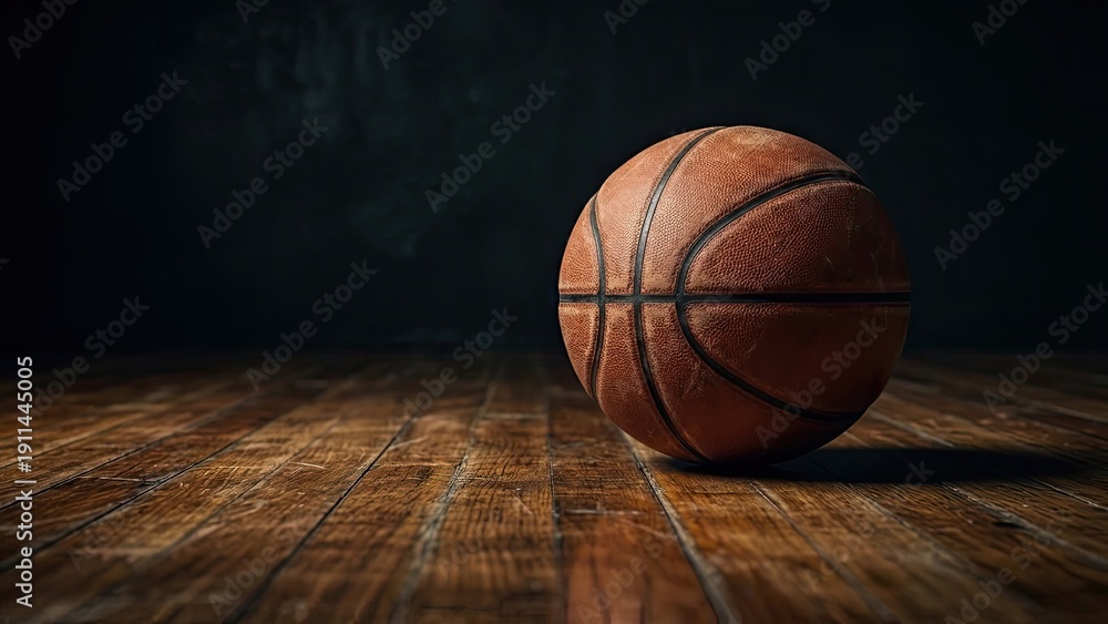 Fototapeta premium Basketball on Hardwood: A solitary basketball rests on a weathered hardwood floor, bathed in the soft glow of a spotlight, hinting at the excitement and challenge of the game.