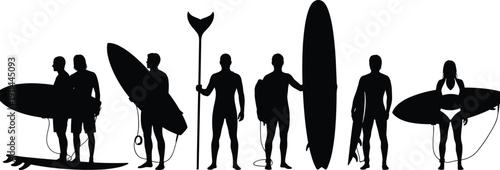 Black silhouette of surfers and paddleboarders standing with surfboards on white background, summer beach sports group, isolated vector illustration concept