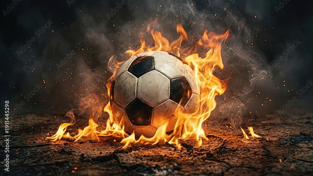Fototapeta premium Fiery Football Intensity: A dynamic composition capturing the raw power and passion of the sport, as a football erupts in flames against a gritty, textured backdrop.