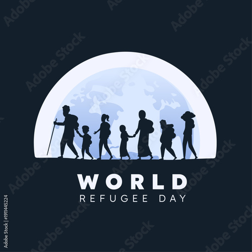 Behind the group, a complex web of barbed wire stretches across the frame, representing the physical and legal barriers refugees face. The background is filled with the silhouettes of dilapidated, war