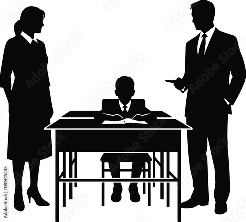 Student sitting at desk reading book with teacher and principal silhouettes, classroom education scene, academic learning environment