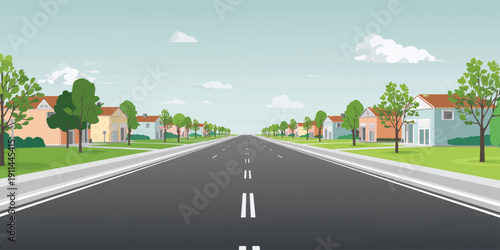 An empty asphalt highway stretches through a lush green forest and rural countryside toward the city horizon under a summer sky for a scenic nature travel journey