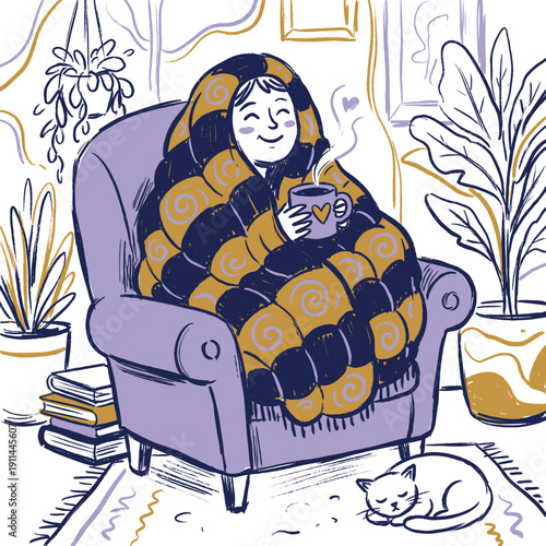 Woman wrapped in a cozy blanket on a chair, holding a steaming mug. Concept of comfort, relaxation, and self care for a day home.