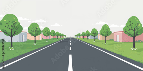 Empty asphalt road curving through a green countryside forest under a bright summer sky