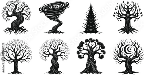Collection of black and white fantasy tree silhouettes, mystical nature icons, spooky gnarled branches, whirlpool trunk, celestial moon and geometric designs