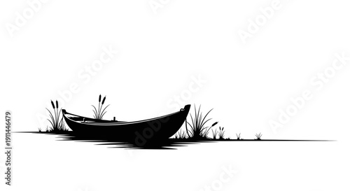 Minimalist black and white illustration of an old wooden boat in tall grass, evoking a sense of tranquility and solitude.