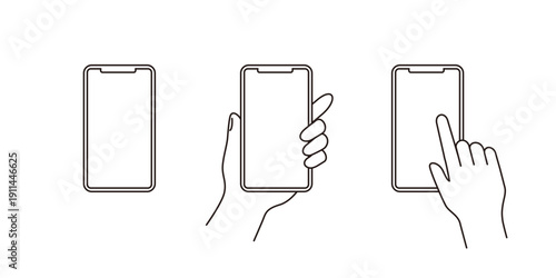 スマホを持つ手の操作手順アイコンセット(線画・モノクロ)