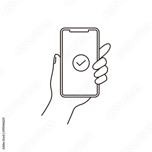 手に持ったスマホに表示されたチェックマークの完了アイコン 　シンプルラインのイラスト