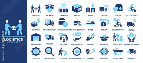 Logistics Icons Set delivery, logistics, line icons, outline icons, shipping, courier, package, parcel, warehouse, cargo, freight, supply chain, distribution, transportation