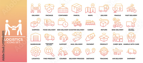 Logistics Icons Set delivery, logistics, line icons, outline icons, shipping, courier, package, parcel, warehouse, cargo, freight, supply chain, distribution, transportation