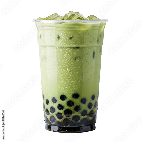 Matcha bubble tea in a clear plastic cup isolated on transparent background
