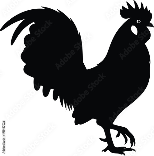 Detailed silhouette of a proud rooster standing on one leg, featuring sharp tail feathers for farm, morning, and poultry concepts,