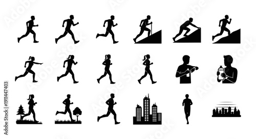 Minimalist black silhouette icon set featuring 12 different jogging people poses arranged in one clean frame. Each icon presents a unique running motion including side stride, front run