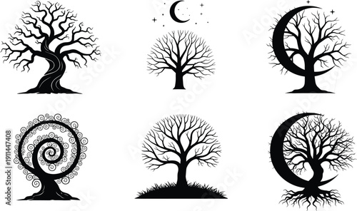 Mystical black and white tree silhouettes set, celestial moon and stars, gnarled bare branches, spiral foliage, nature icons for graphic design