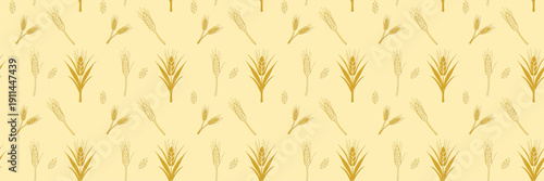 Seamless wheat pattern with golden wheat ears on light beige background, flat vector agricultural illustration suitable for textile, packaging, and wallpaper design