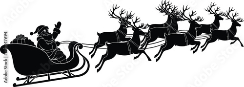 Santa Claus riding sleigh with reindeer silhouette, Christmas Eve flying sled vector, holiday winter celebration graphics,