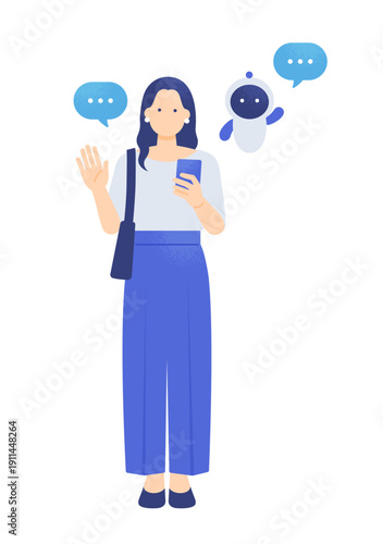 外出先でもAIがサポート。お出かけを楽しむ女性と手を振るAIのベクターイラスト素材。