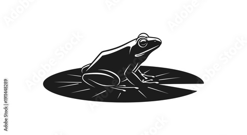 Stylized black and white illustration of a frog sitting on a lily pad, showcasing a minimalist and elegant design.