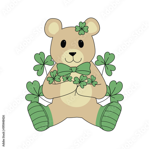 Cute a teddy bear holding clover leaves, symbolizing luck, happiness, and positivity in a charming cartoon style, St. Patrick’s Day