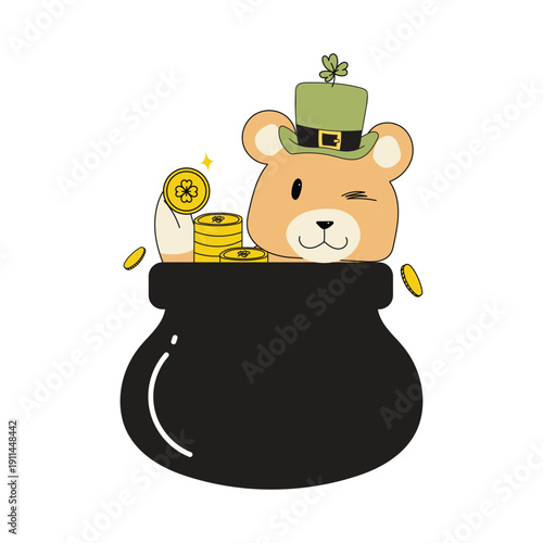 Cute cartoon teddy bear wearing a green hat sitting inside a pot of gold coins, St. Patrick’s Day celebration
