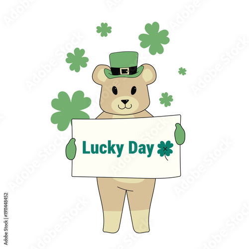 Cute cartoon teddy bear wearing a green hat and holding a “Lucky Day” sign with shamrocks, celebrating St. Patrick’s Day