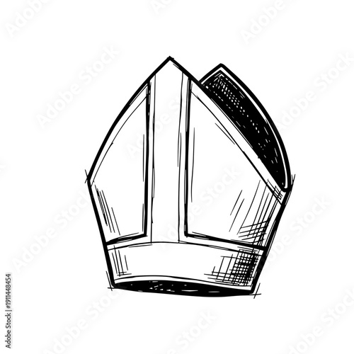 Sketch of traditional bishop hat with intricate lines, isolated on a clean white background, highlighting religious symbolism and elegant design