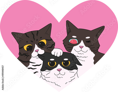 Cute illustration of three cats inside a pink heart, expressing friendship, love, and affection in a charming cartoon style for Valentine 