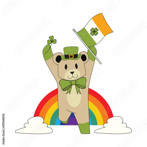 Cute cartoon teddy bear dressed in green, holding an Irish flag and shamrock while standing over a rainbow, celebrating St. Patrick’s Day