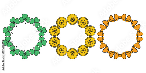 Set of festive circular wreath frames made of shamrocks, gold coins, and orange ribbons, St. Patrick’s Day celebration