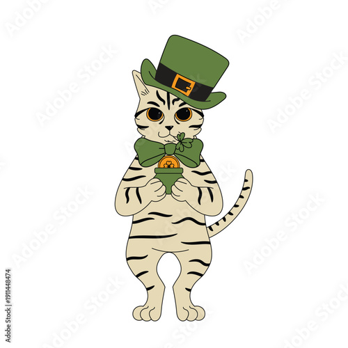 Cute cartoon cat wearing a green hat and bow tie, holding a gold coin, celebrating St. Patrick’s Day
