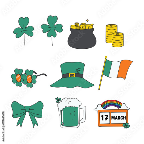 St. Patrick’s Day icon set featuring shamrocks, pot of gold, Irish flag, green hat, beer mug, calendar date
