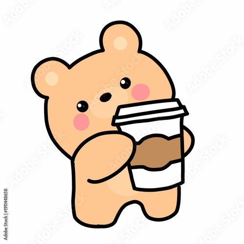 Cute cartoon bear holding coffee cup, featuring kawaii animal character illustration, adorable chibi style, colorful minimal design, and charming mascot artwork.
