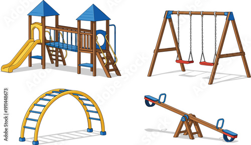 Colorful Childrens Playground Equipment Collection Featuring Wooden Slide Tower Swings Seesaw and Climbing Ladder Set Isolated on White Background for Park and School Design