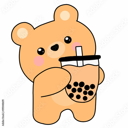 Cute cartoon bear holding bubble tea drink, featuring kawaii animal character illustration, adorable chibi style, colorful minimal design, and charming mascot artwork.
