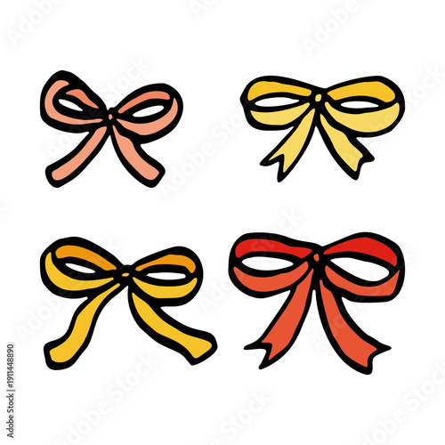 Hand drawn ribbon icon set vector　手書きのリボンイラストセット　黄色橙色