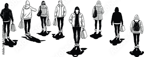 Group of People Carrying Shopping Bags Walking in Different Directions Hand Drawn Vector Illustration for Retail Marketing Commercial Consumerism Fashion Mall and Urban Lifestyle Projects