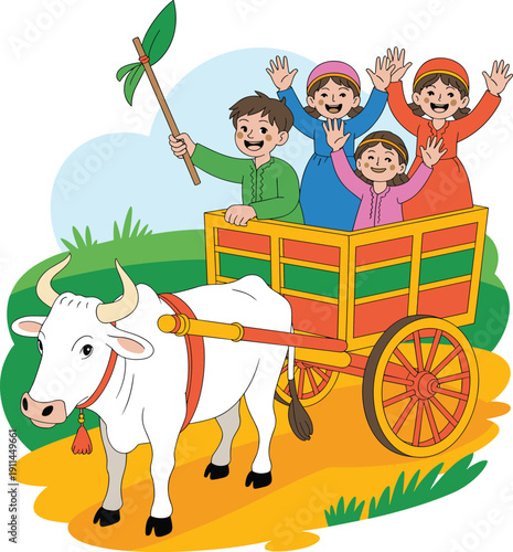 Children riding bullock cart