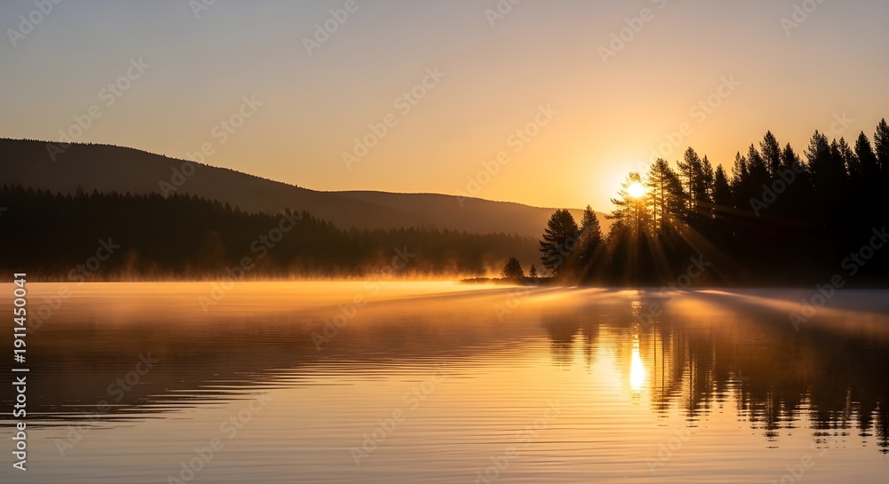 Obraz premium Serene Golden Sunrise Over Misty Lake – Peaceful Morning Landscape