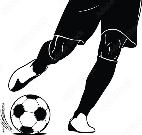 Black and white illustration of soccer player kicking a ball