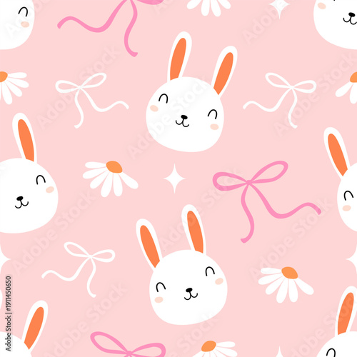 Cute seamless pattern with white bunny faces, pink ribbons, and daisies on a soft pink background. Adorable nursery wallpaper in a flat hand-drawn style, perfect for baby girl bedding and apparel.