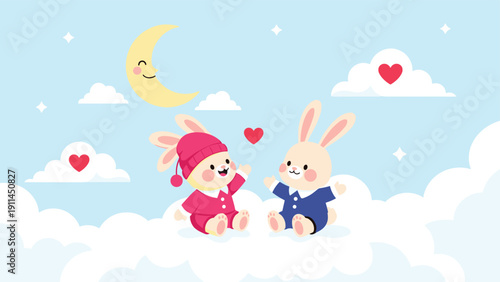 Two cute cartoon bunnies wearing pajamas sit together on a soft white cloud in a starry night sky with a smiling moon and red hearts.