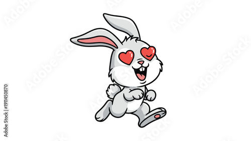 Cute white cartoon bunny rabbit running playfully with bright red heart shaped eyes representing feelings of love and deep affection.
