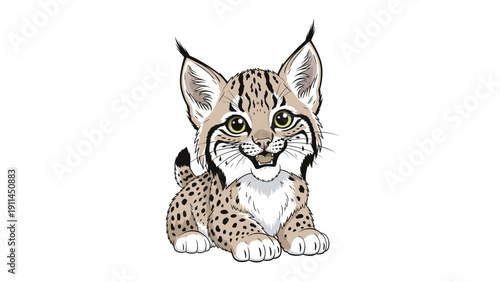 Charming illustration of a young lynx kitten with spots and tufted ears sitting and smiling in a cute way against a plain white backdrop.