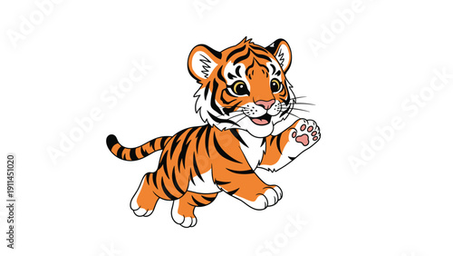 Playful tiger cub running with excitement and its paw raised in a cute and friendly cartoon illustration perfect for children's books.
