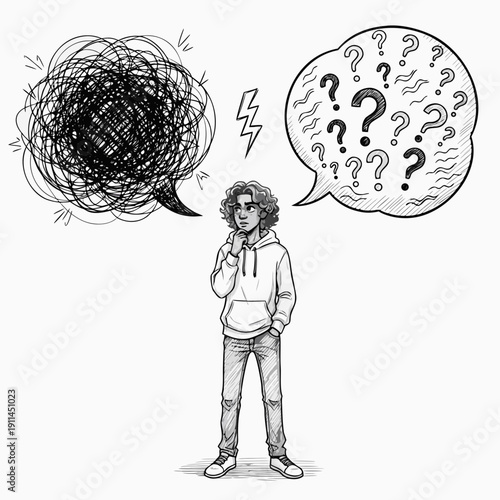 Young man contemplating surrounded by chaotic thoughts and questions  