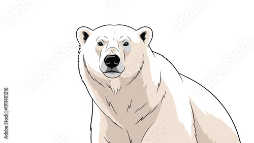 Detailed portrait of a majestic polar bear looking forward with a calm and strong expression against a clean and minimalist backdrop.