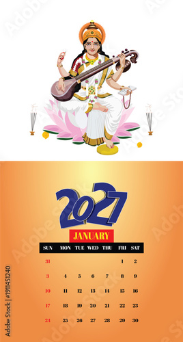 Traditional January 2027 Calendar with Goddess Saraswati Indian Culture Design